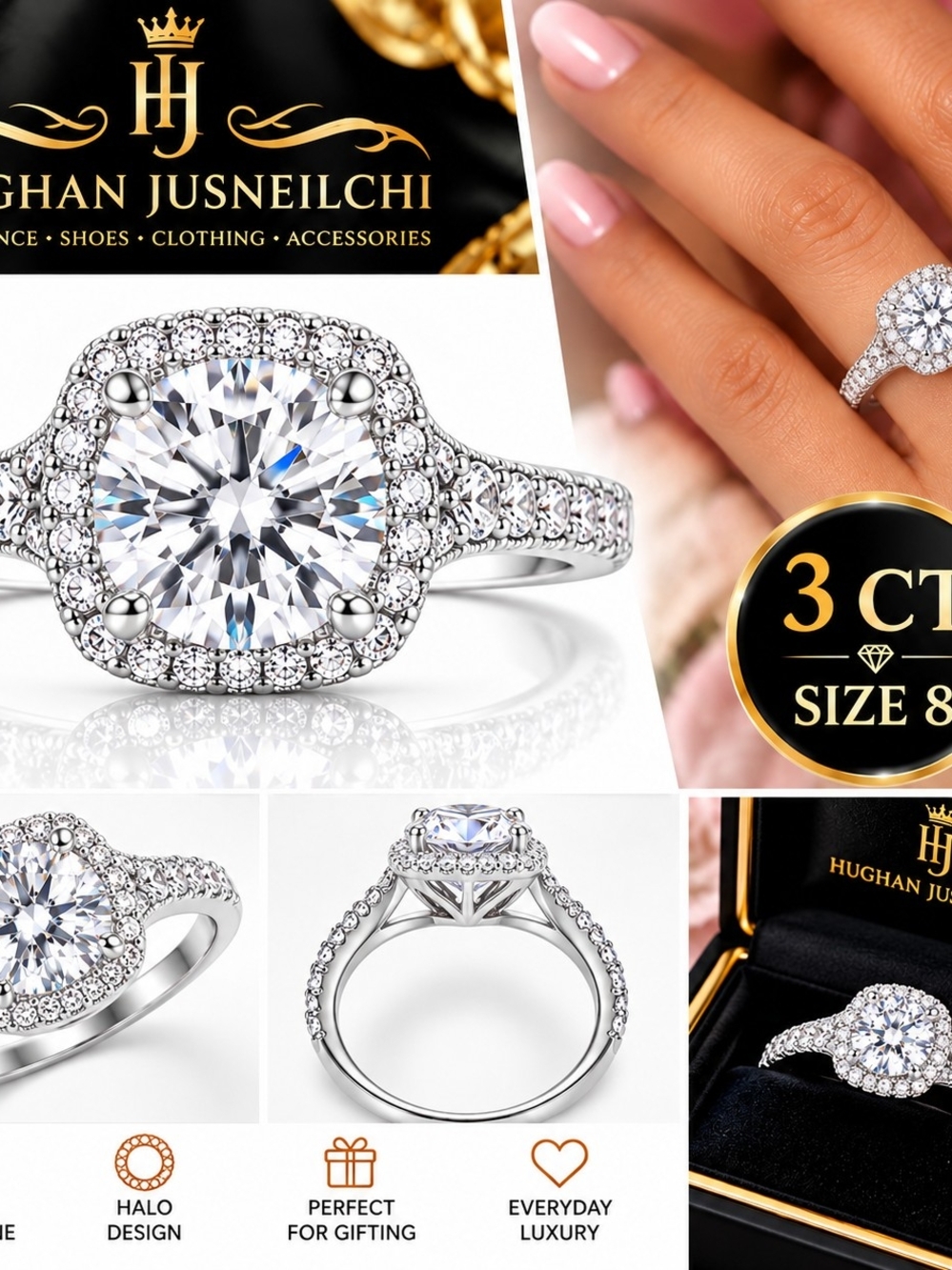 3 CT Halo Sterling Silver Engagement Ring - White